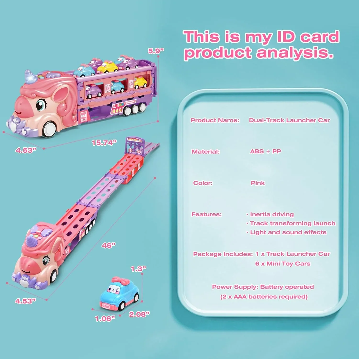 ピンクのユニコーン輸送トラックのおもちゃ、折りたたみ式レーストラック、ライトと音楽付き、6台のミニカー収納キャリア、女の子や幼児へのギフト