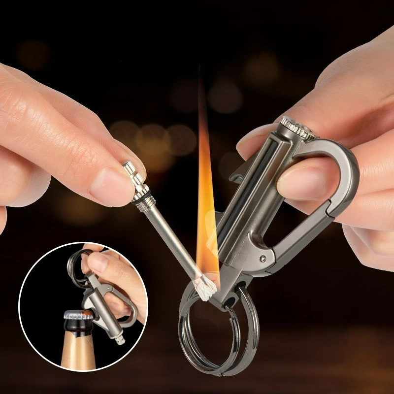 New Multi functional Keychain Outdoor Match Fuel Oil Igniter Home Suitable Bottle Opener Metal Durable Lighter Mne Gifts