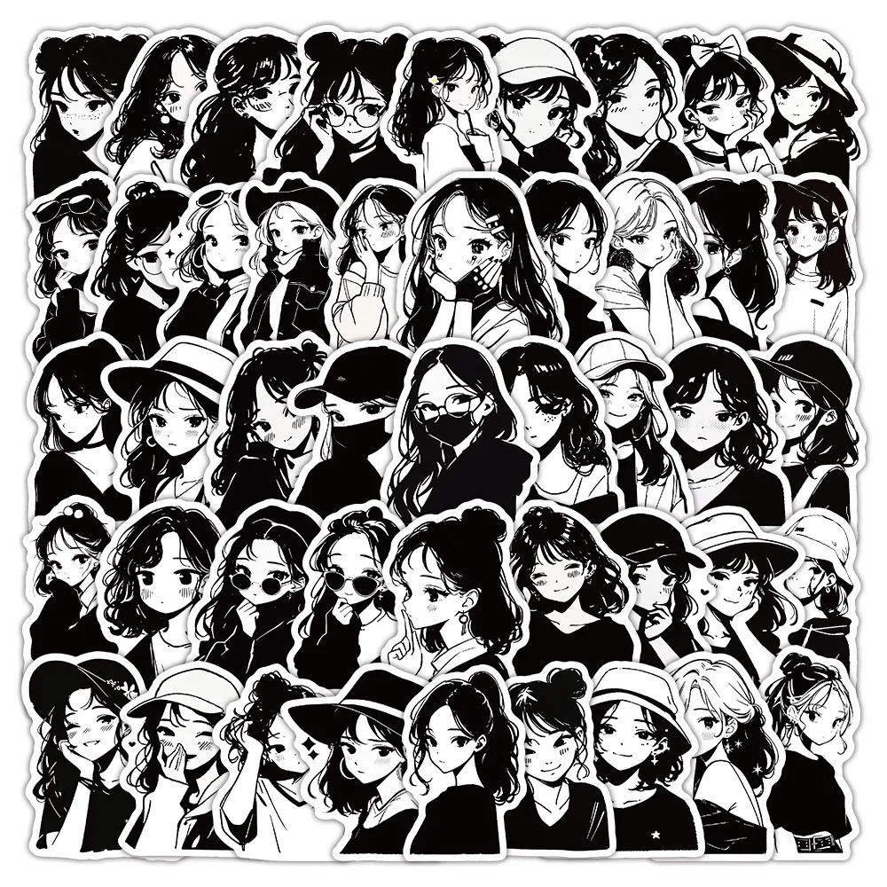 

10/60PCS Cartoon Cute Girl Trendy Personality Doodle Black and White Decorative Stickers DIY Scooter Water Cup Pencil Box Guitar