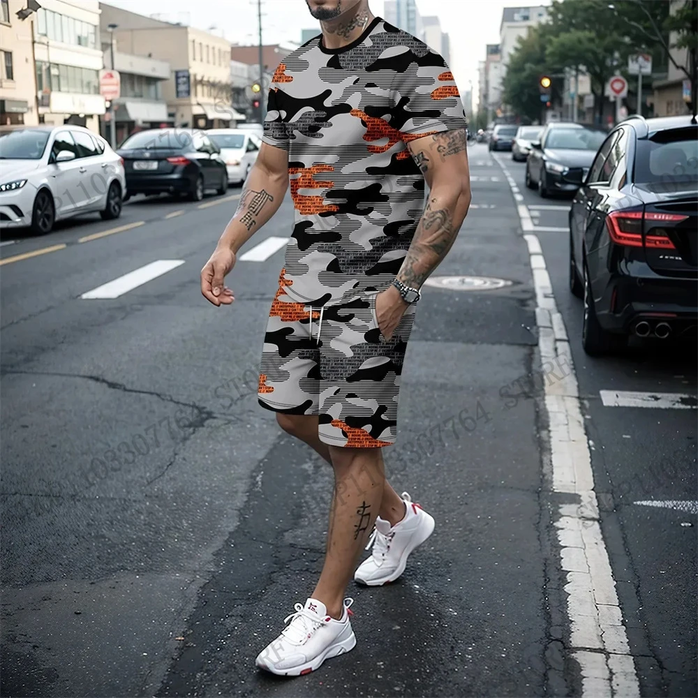 Men T-shirt Sets Tactical Camouflage 3d Print T-shirt+Shorts 2Pcs Set Outdoor Camo Tracksuit Suit Men Clothing Fitness Running - view 5