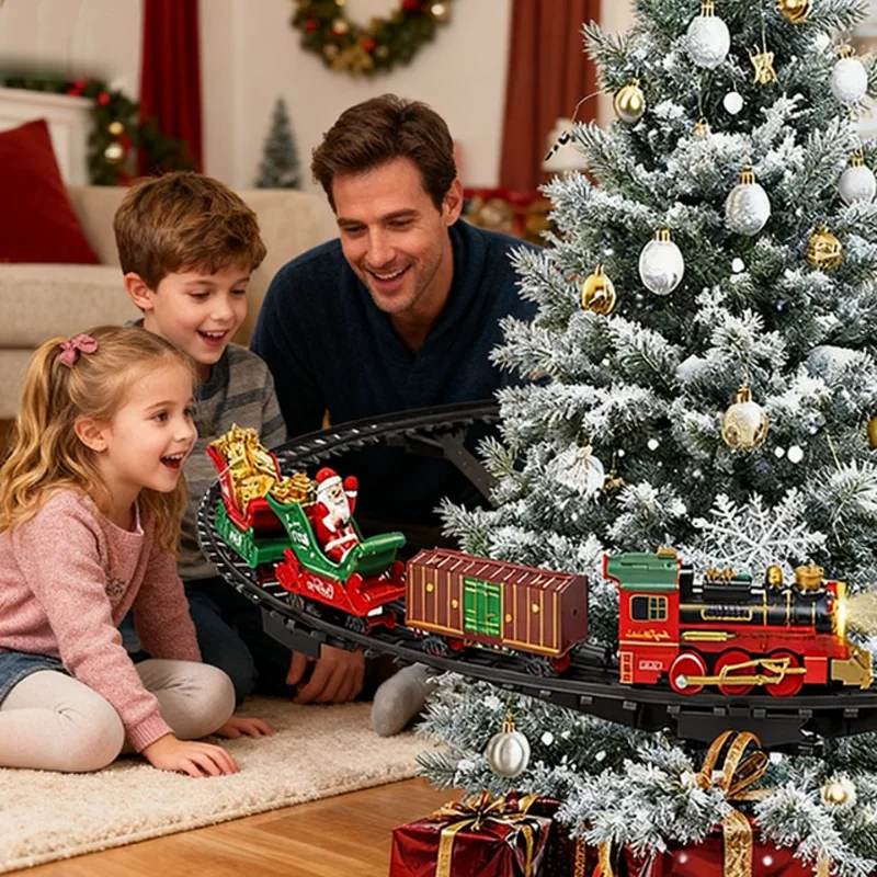 

Christmas Electric Train Track Set Spray Light Music Vintage Train Hanging bracket Track Christmas Gift For Children