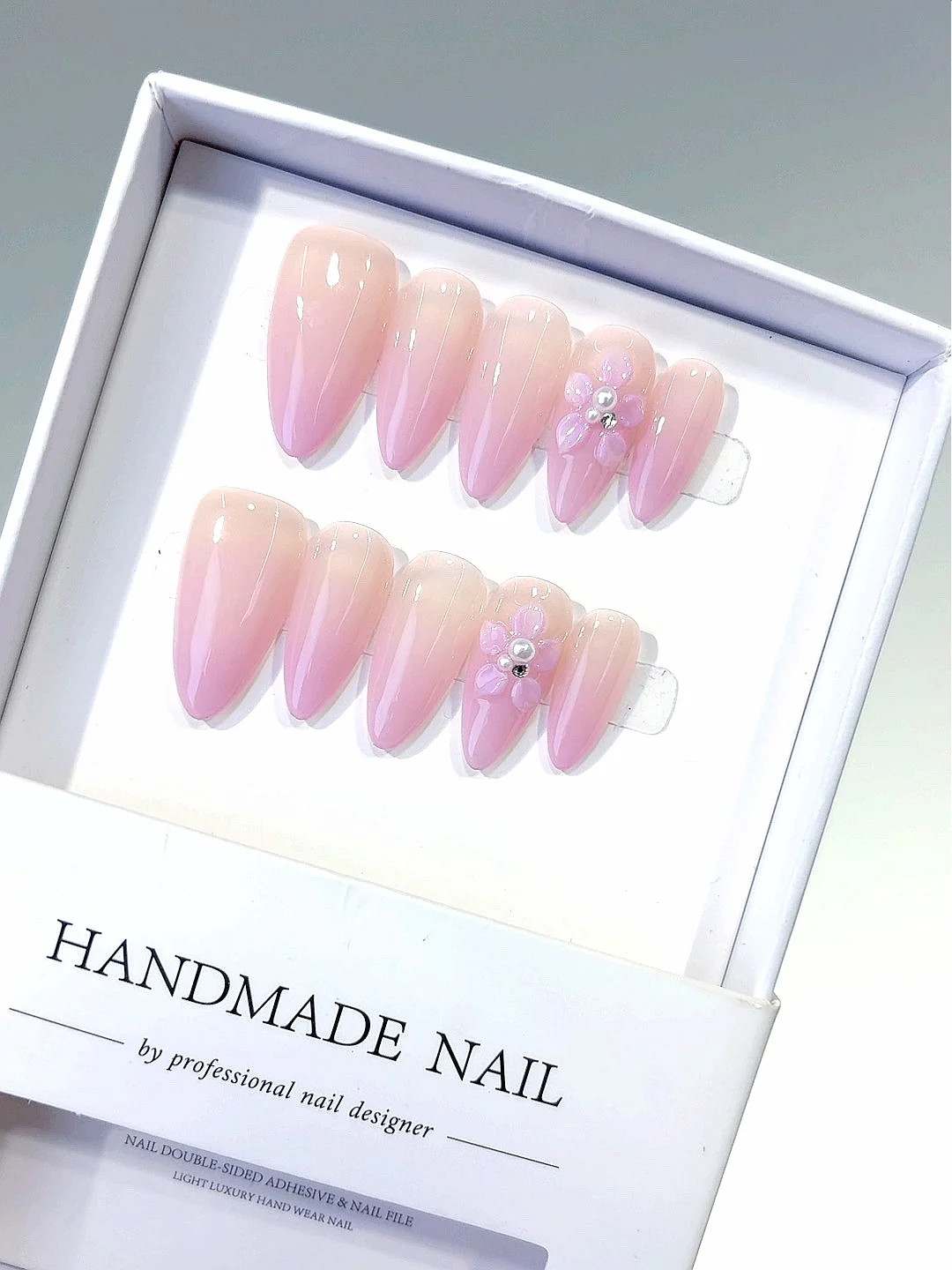 الوردي أومبير 3D زهرة اللؤلؤ حجر الراين اللوز الصحافة على الأظافر، مجموعة الأظافر كاذبة اليدوية للنساء (C444)