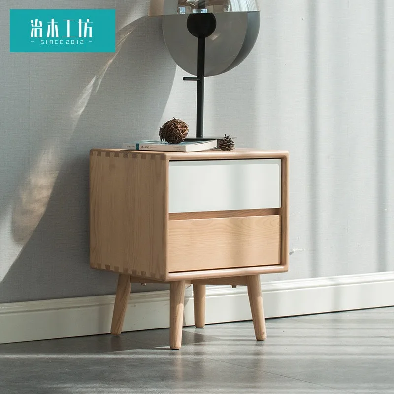 Ash wood bedside table Household simple all-solid wood two-draw bedside table Nordic bedroom small locker
