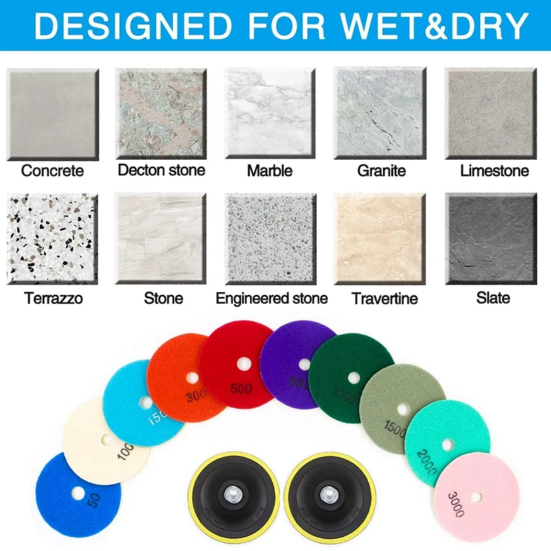 12 Buah Set Bantalan Pemoles Berlian 3 Inci Kit Pemoles Basah/Kering untuk Pemoles Penggiling Lantai Marmer Beton Batu Granit-ABQU