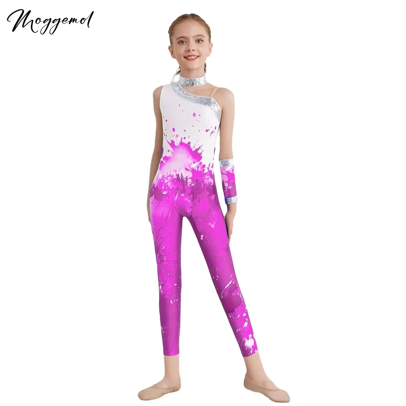 

Гимнастический балетный комбинезон с блестящими пайетками для девочек, асимметричное боди без рукавов с перчатками из 1 предмета для фигурного катания, танцев