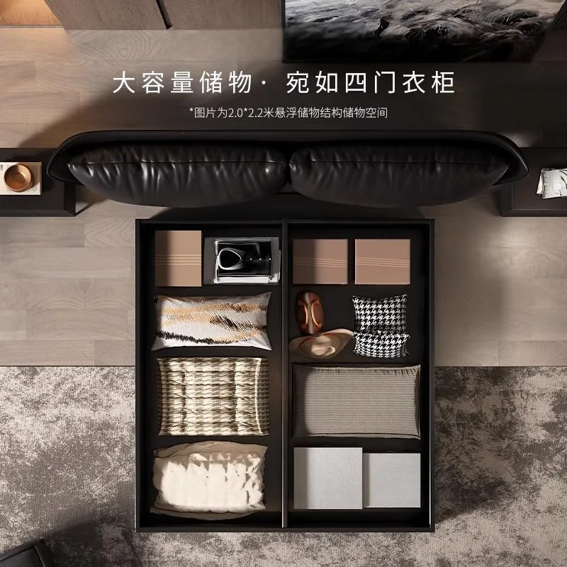 Leather suspension bed first layer cowhide Italian light luxury high box storage double bed 1.8m master bedroom big bed modern s