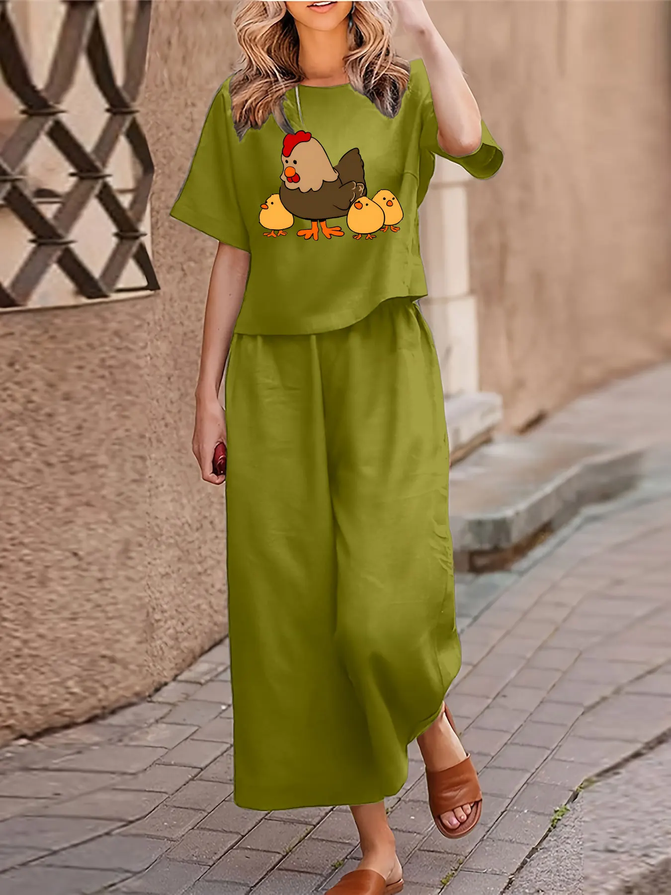 Conjunto informal de dos piezas de talla grande para mujer, traje estampado, camiseta de manga corta, pantalones, conjunto de dos piezas con cuello redondo holgado