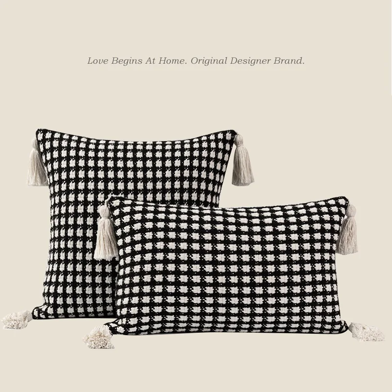Nordic light luxury black and white pillow living room sofa knitting tassel high-grade cushion cover