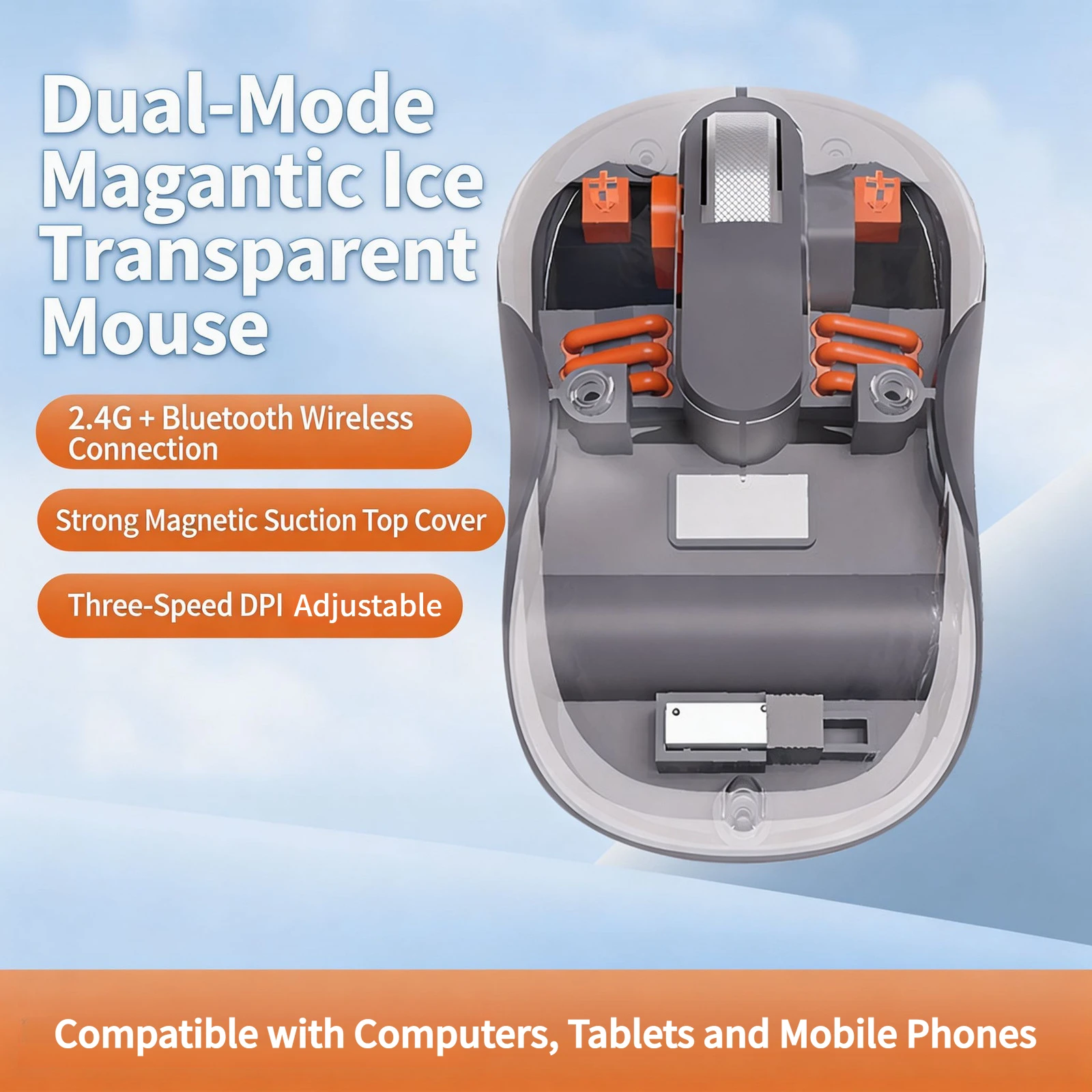 2.4G Bluetooth Dual Mode Magnetic Transparent Wireless Mouse Rechargeable Silent Buttons 3 Level DPI Adjustable Magnetic Cover