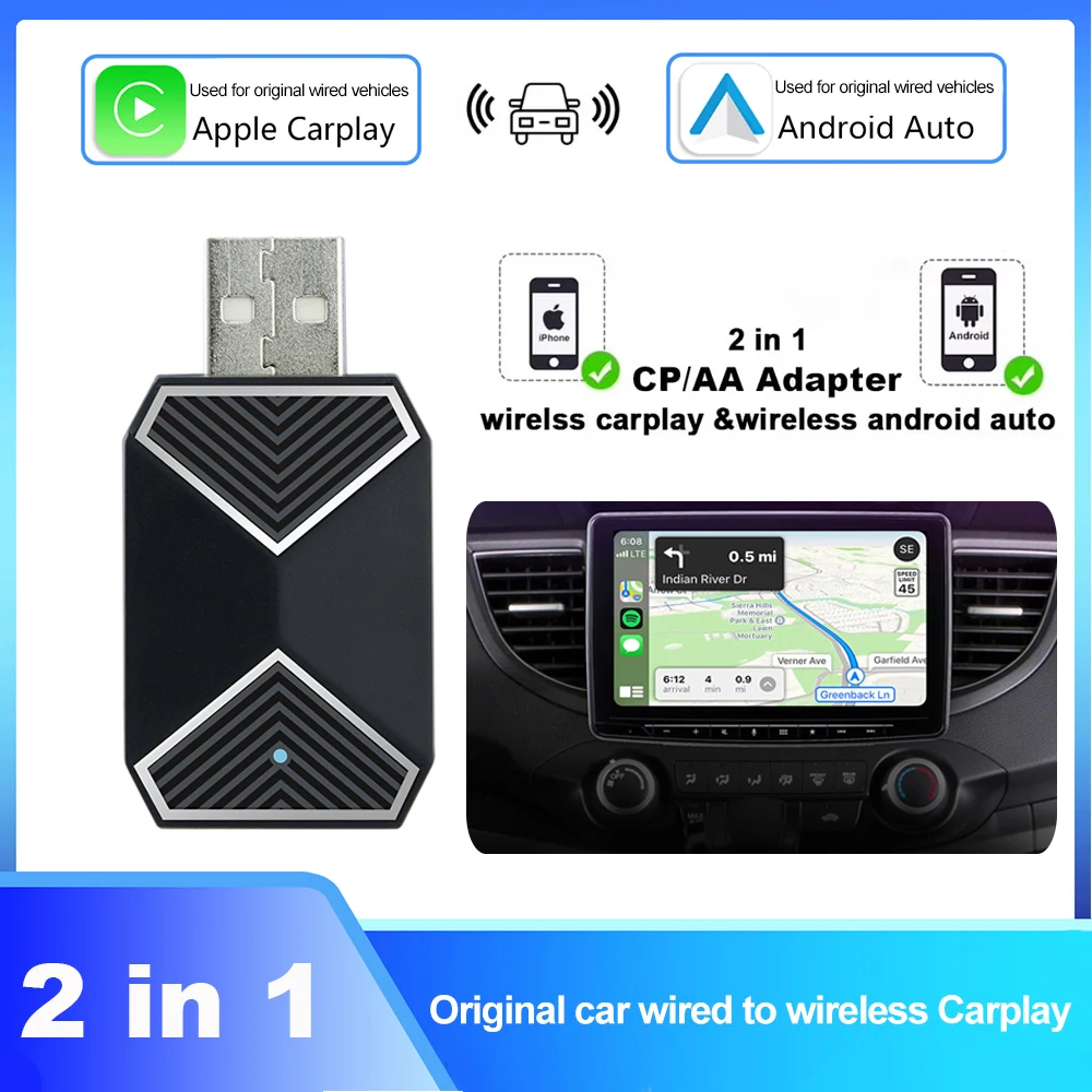 Wireless CarPlay Android Auto AI Box Adapter Cars BT WiFi 2 In 1 AI Box assistente vocale USB Plug & Play per Wired CarPlay Android