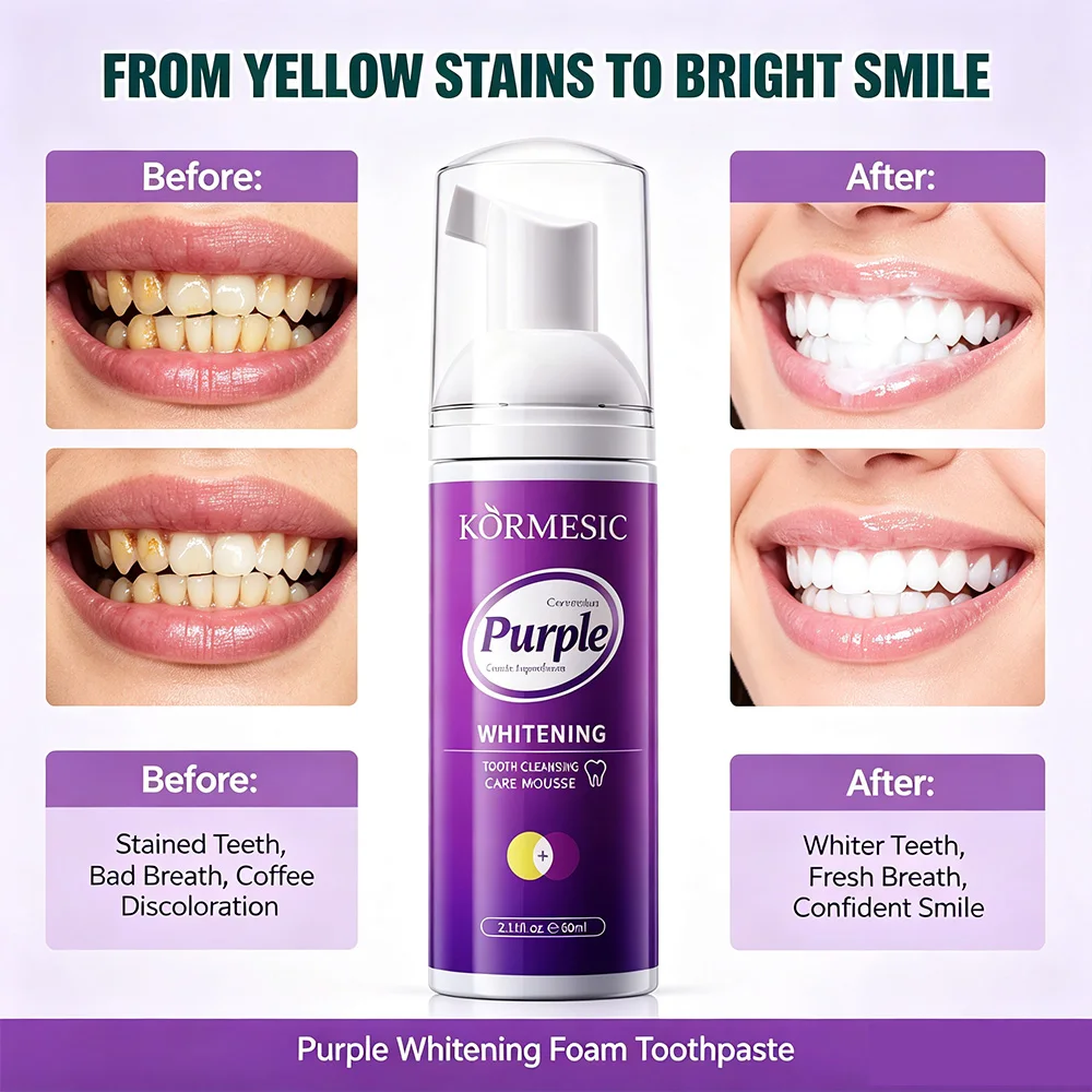 Purple Whitening Tooth Mousse Foam V34 Color Corrector Remove Coffee Tea Stains Fresh Breath Brightening Teeth Cleaning Foam