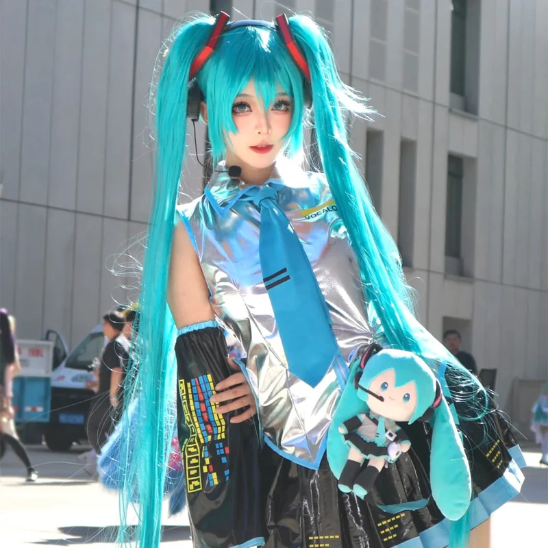 Hatsune Miku Kawaii Cartoon Character Role Play Vest Short Skirt Y2K Girls Patent Leather Suit Jk Uniform Wig Gift