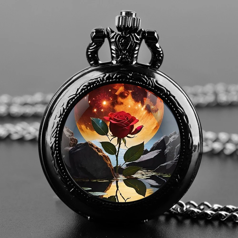 Exquisite Moonlight Rose Glass Dome Quartz Pocket Watch Arabic numeral Necklace Pendant Gifts For Women Man with Chain