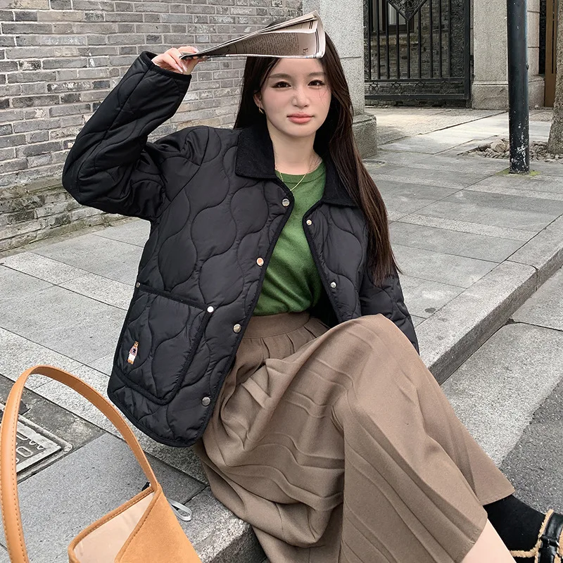 Sweet Quilted Jacket Embroidery Cotton Padded Jacket Women's Autumn Winter Lightweight Single-breasted Pocket Coat Long-sleeved