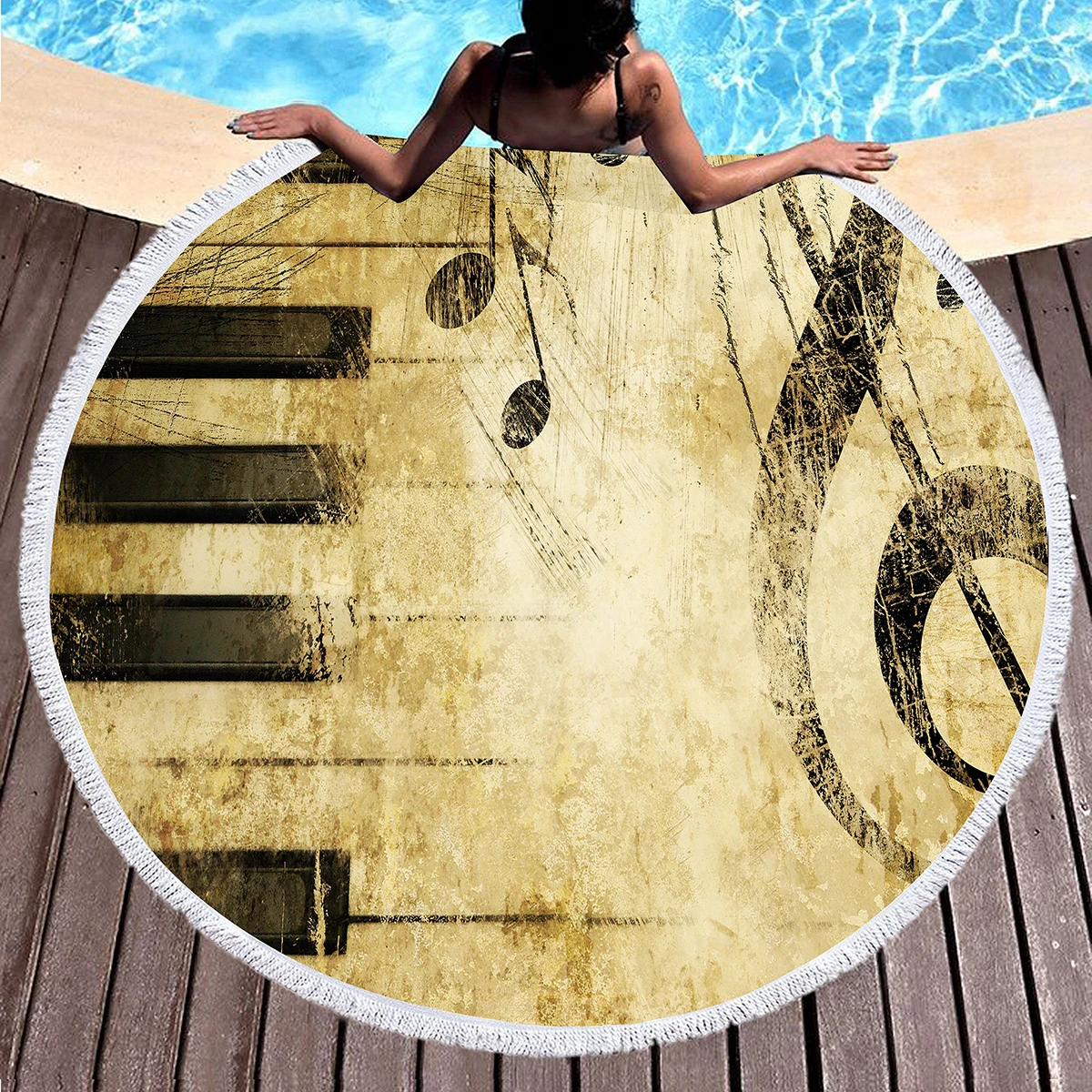 منشفة شاطئ مستديرة من ميوزيك نوت، بطانية شاطئ ناعمة تحت عنوان الموسيقى من الألياف الدقيقة، منشفة حمام سباحة ماصة سريعة الجفاف، سجادة نزهة محمولة #5