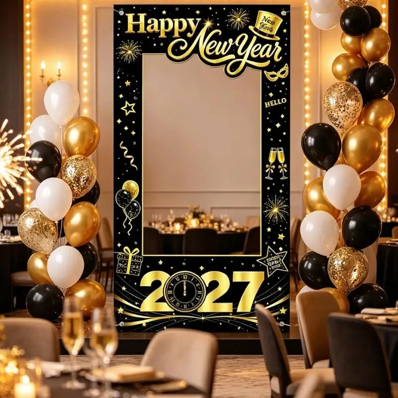 B03F Open Center New Year Photo Background with Balloon and Champagne Design