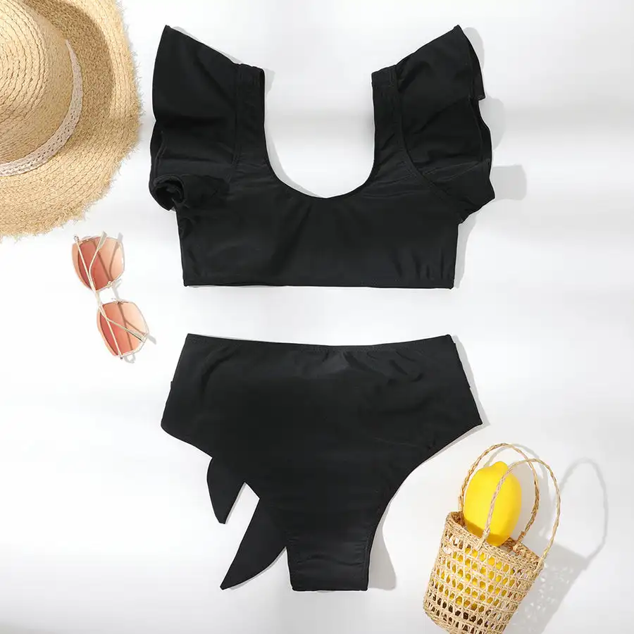 Monochrome Ruffle Bikini Set For Women Black High Waist Swimwear  2023 Fashion  2 Piece  Beach Exit  Backless  Luxury  Biquini