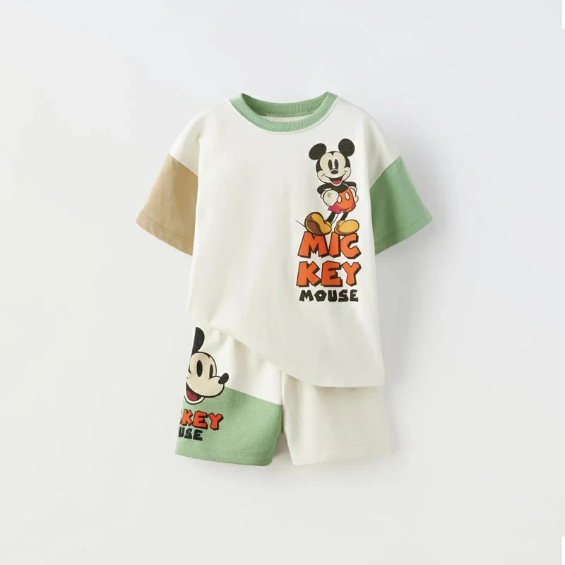 2023 neue Sommer Kleidung Mickey Kurzarm Anzug Cartoon Disney Kinder Jungen T-shirt Shorts Zwei Stück Set Kinder Casual Trainingsanzug