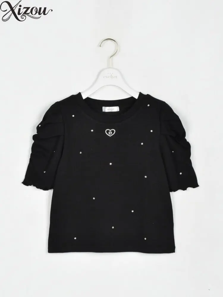 Women Cute Hollow Heart T-shirt Embroidery Rhinestone Puff Stacked Short Sleeve Top Sweet Daily Summer Tee Spring Summer Shirt