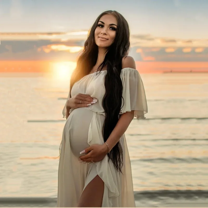 

Платья для беременных для фотосессии, шифоновое платье с рюшами и рукавами на плечах, праздничная одежда для детского душа, одежда для фотостудии