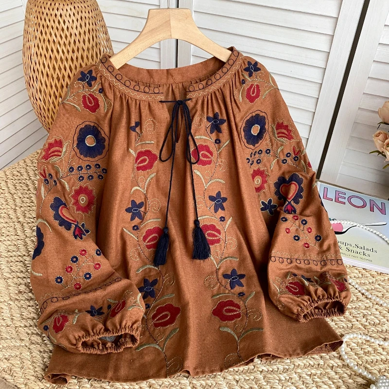 

Vintage Fashion Blouse for Women Floral Embroidery V-neck Long Lantern Sleeve Loose Shirt Spring Versatile Female Blusa Dropship