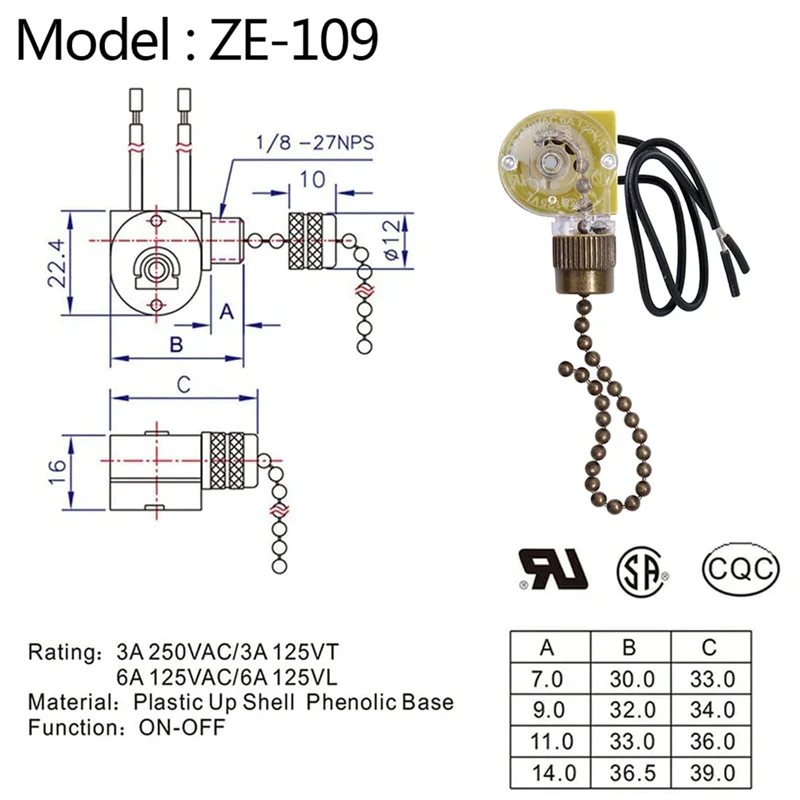 Interruptor de luz de ventilador de techo, ZE-109 de oreja Zing, dos cables, 2 piezas, bronce