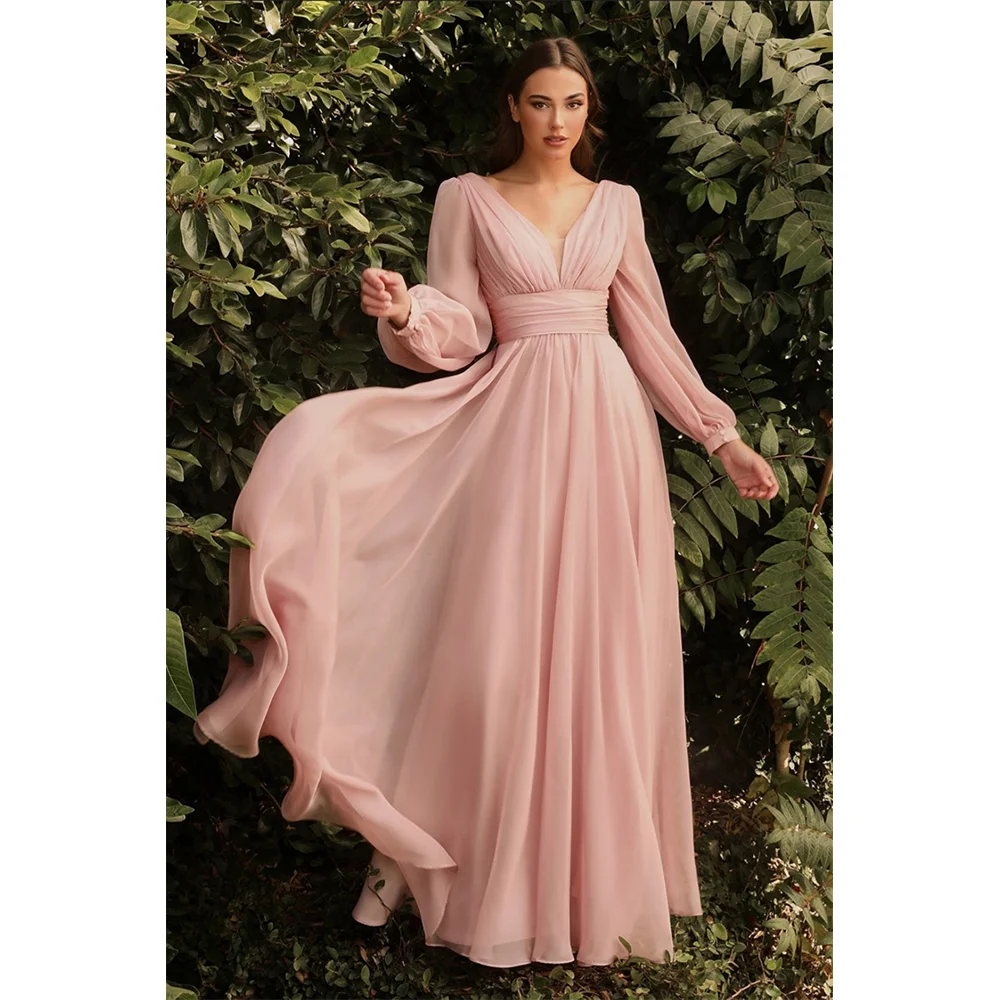 

LoveDoris Pink Bridesmaid Dress Chiffon Long Sleeves Evening Dress V-Neck Satin Prom Dress Elegant A-Line Party Dress