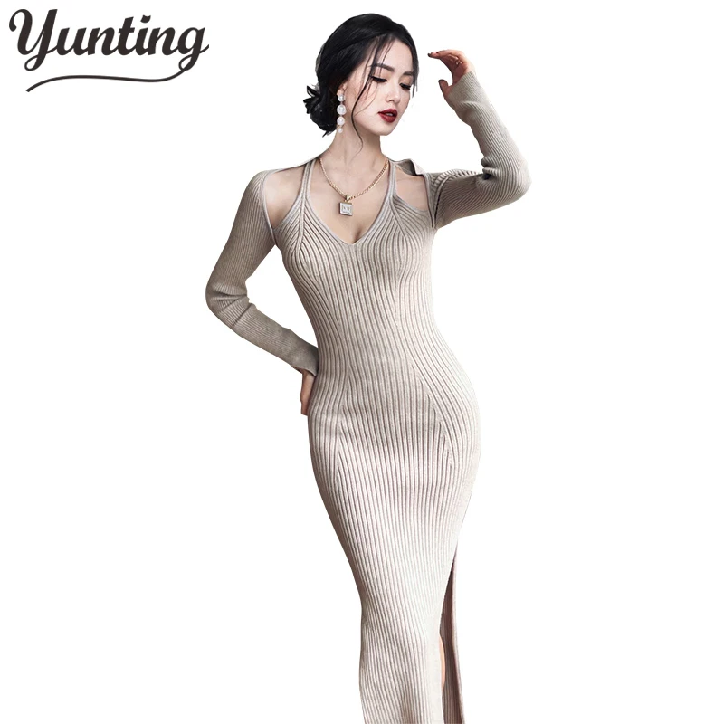 

Spring Women Sheath Knitted Dresses Slim Elegant V-Neck Stretch Long-sleeved Autumn Thin Sexy Pencil Dress