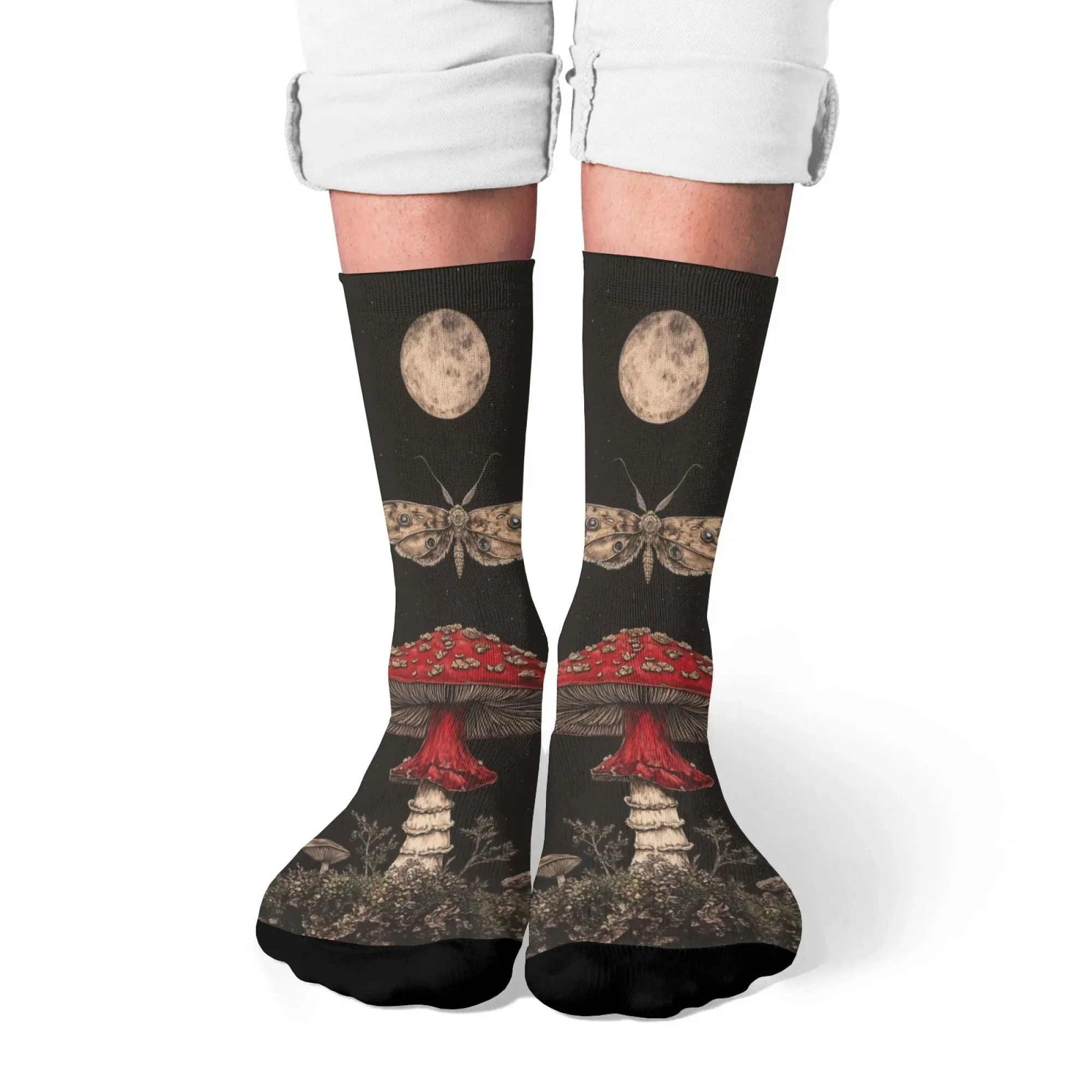 Mystic Moon & Moth Mushroom Socken, Retro Bohemian Crew Socken, weich, atmungsaktiv und rutschfest, Unisex-Geschenk für Outdoor und Festival