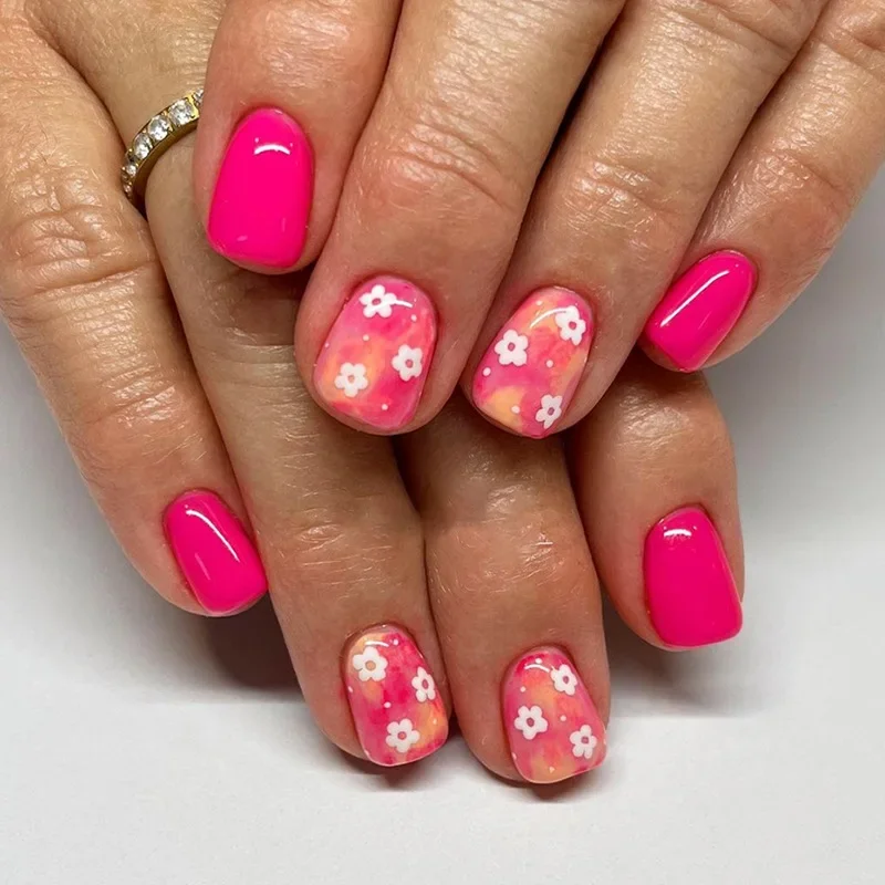 24Pcs Mid-length False Nails Pink Square Fake Nail with Lotus Design Wearable Ballet Press on Nail Sequin Decor Full Cover Tips