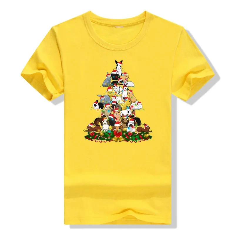 Bunny Christmas Tree Graphic T-Shirts Funny Rabbits Printed Aesthetic Clothes Basic Cotton Outfits Family Matching Tee Xmas Gift