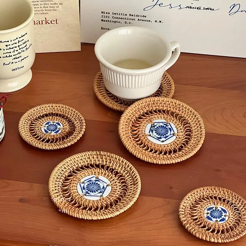 Rattan Coaster Creative Placemat Handmade Table Mat Heat Insulating Tablemat Tea Coffee Cup Pad Non-Slip Mat Round Coasters