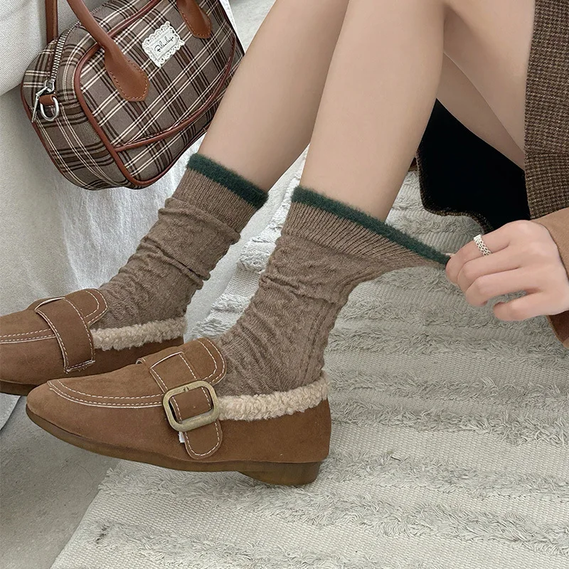 

Forest Style Wool Socks for Women Retro Cable Knit Mid-Calf Slouchy Socks Color Block Embossed Pattern Thermal Winter Warm Socks