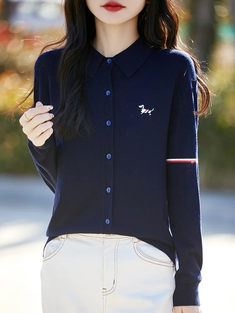 メリノウールニットカーディガン,100% メリノウールセーター,長袖衣類,刺embroideryトップス,ポロカラーのアウター,軽くて贅沢,春