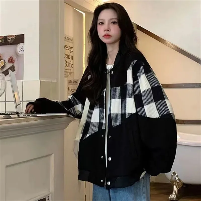 American Retro Plaid Patchwork Temperament Baseball Jacket for Women Autumn 2024 Harajuku Loose Salt Casual Jacket for Commuting