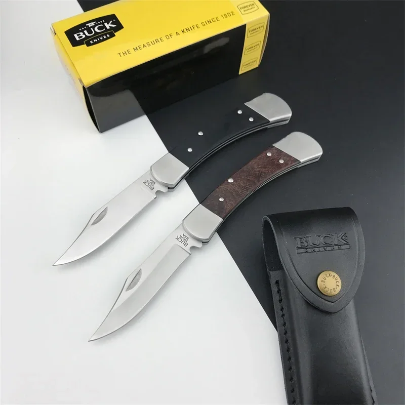 BK 110 Tactical Pocket Folding Knife D2 Blade G10/Wooden Handle Outdoor Camping Knives Tactical EDC Tool with Cowhide Sheath