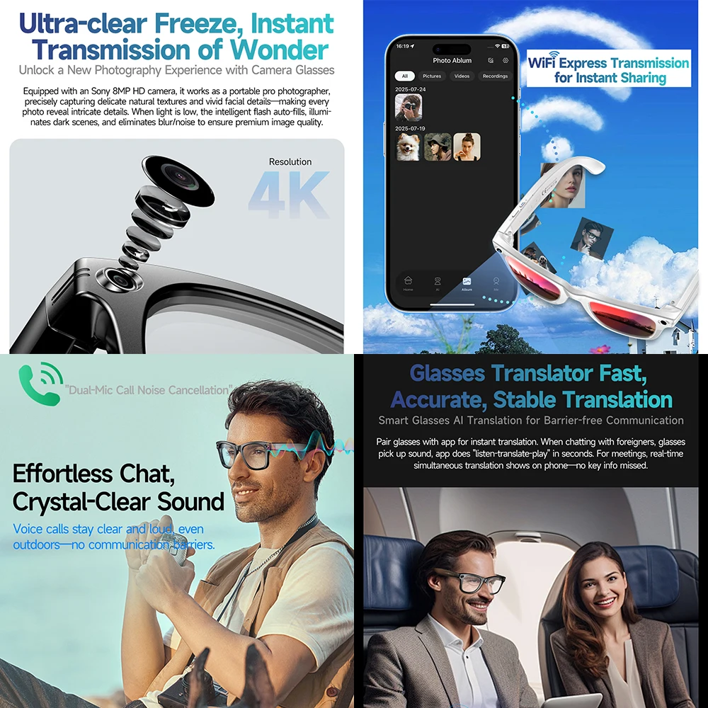 W610 Matte Smart Glasses with 800W Camera Photochromic Wi-Fi Real-time AI Translation Video Recording Music Smart Sunglasses