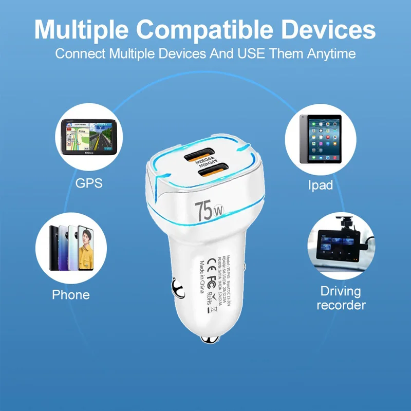 2Port PD 65W car charger PD45W+PD30W car phone charger for HUAWEI iPhone Samsung Xiaomi fast charging cigarette lighter adapter