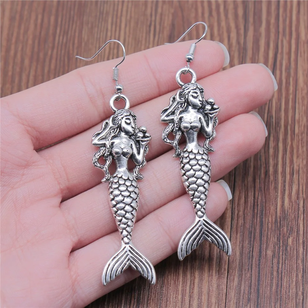 Fashion Handmade Simple Design Antique Silver Color Mermaid Pendant Earrings Dropshipping Drop Earrings