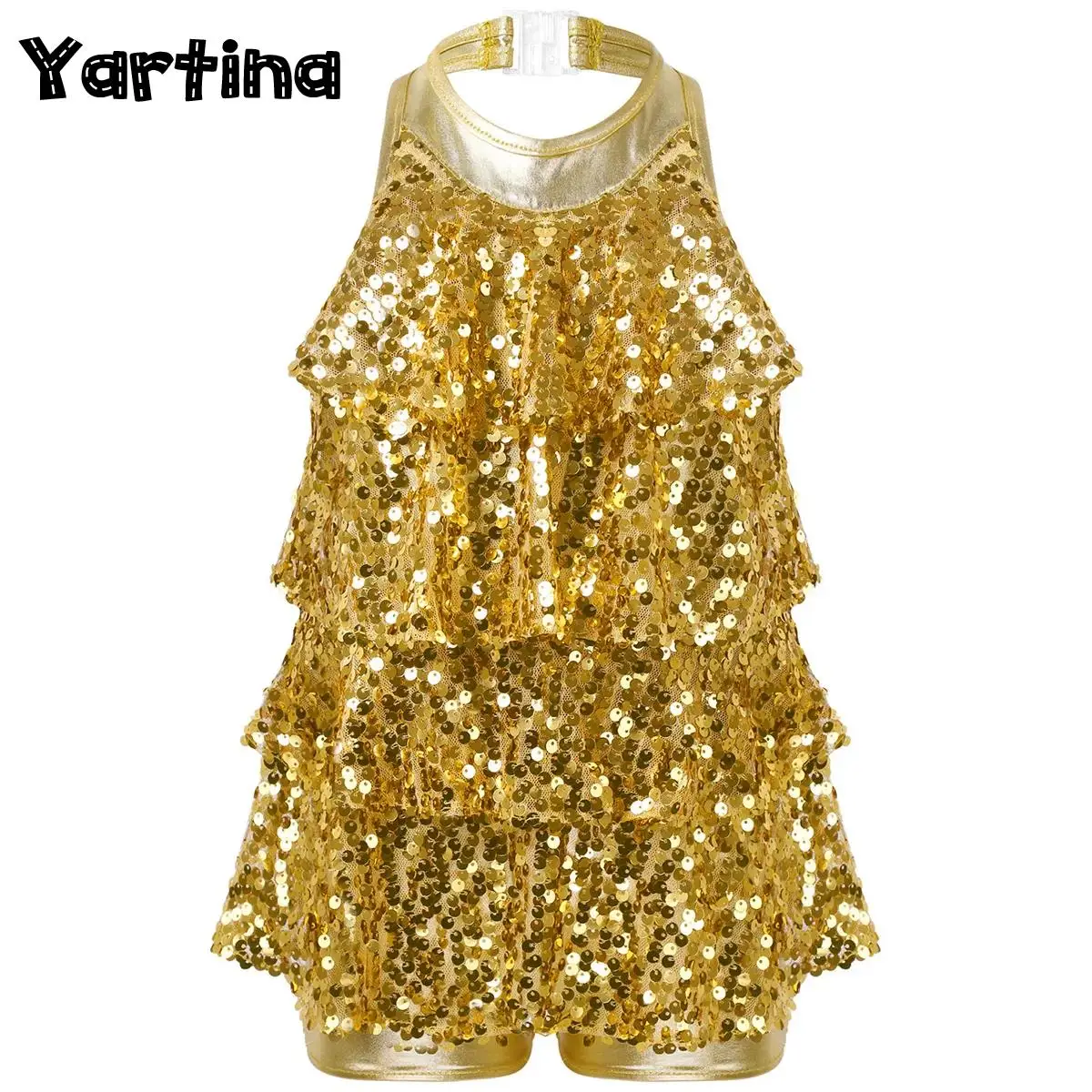 Kids Girls Halter Shiny Sequins Ballet Dance Shorty Unitard Tassel Dress Gymnastics Artistic Skating Jazz Hip Hop Dance Costume