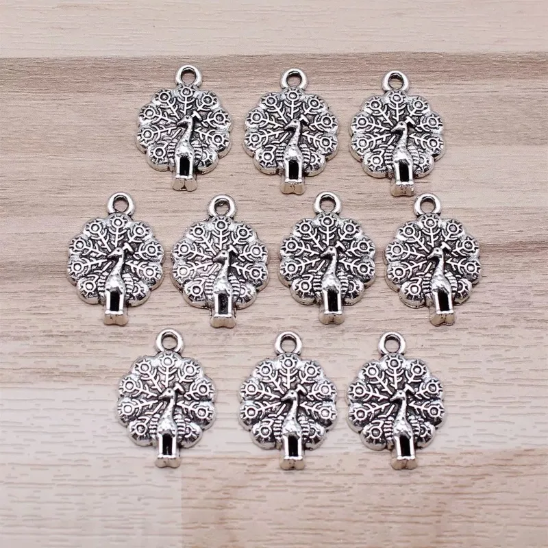 190 Stück antiksilberfarbene Pfauen-Anhänger, 21 x 15 mm, DIY-Halsketten, Armbänder, Ohrringe, Schmuckherstellung # 4052 Großhandel – Detail 1