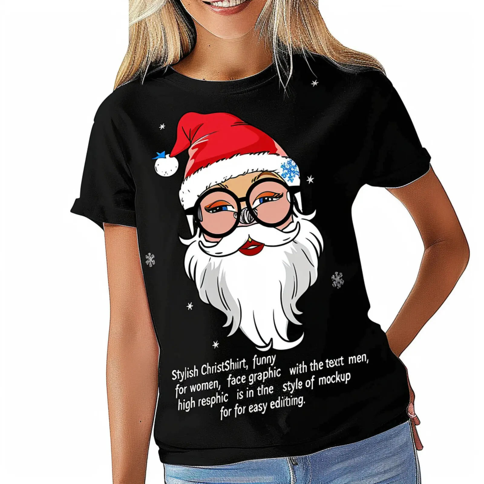 

Stylish Christmas T Shirt Funny Santa Face Graphic Black Tee