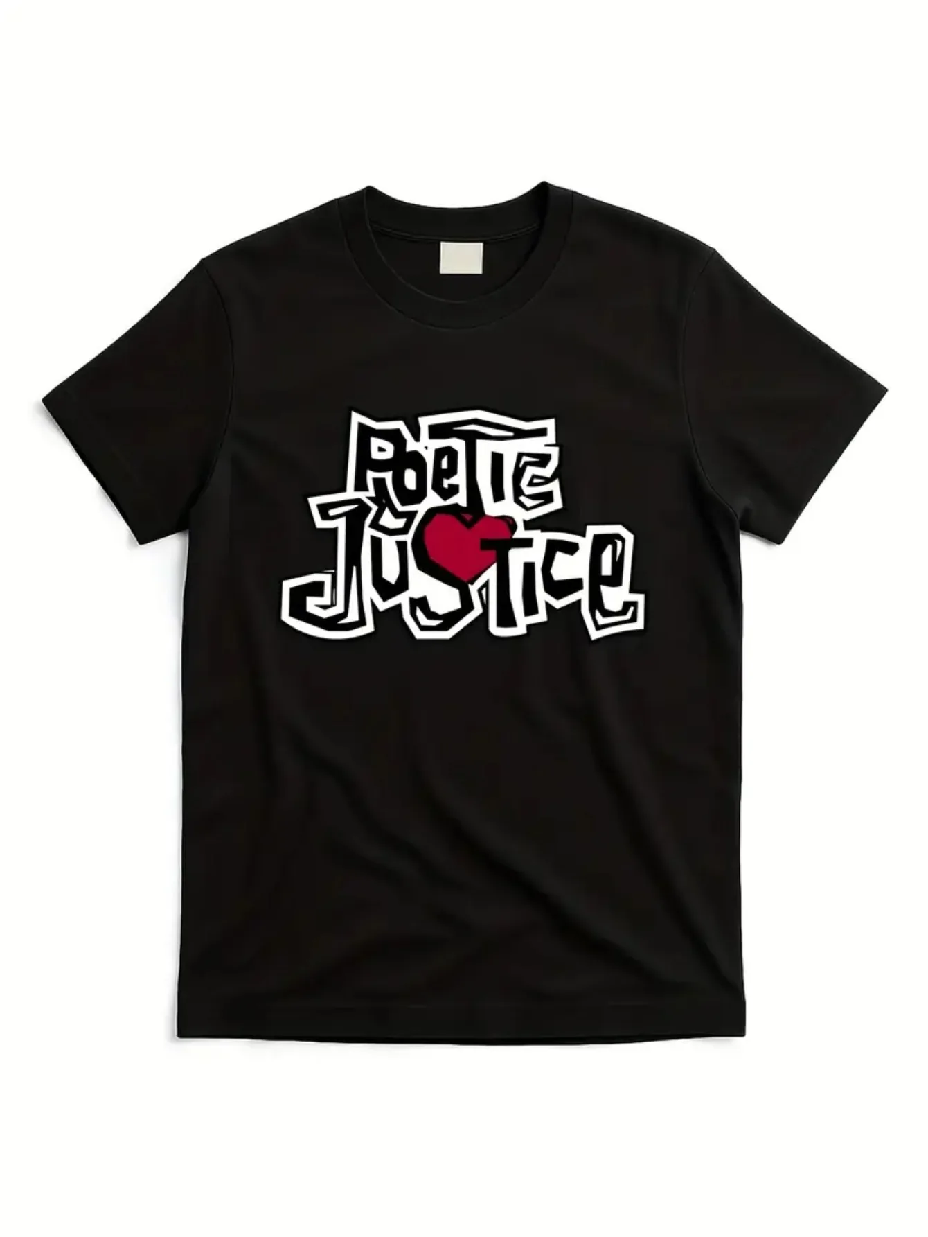 

Poetic Justice Old School Hip-Hop T-Shirt for Soft Breathable Cotton Retro Rap Tee with Bold Typography Red Heart Crew Neck Tee