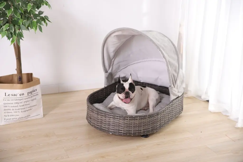 Custom Rattan Dog Bed China Manufacturer Raised Rattan Dog Bed With Canopy Outdoor Sunblock Tent Grey Rattan Dog Bed