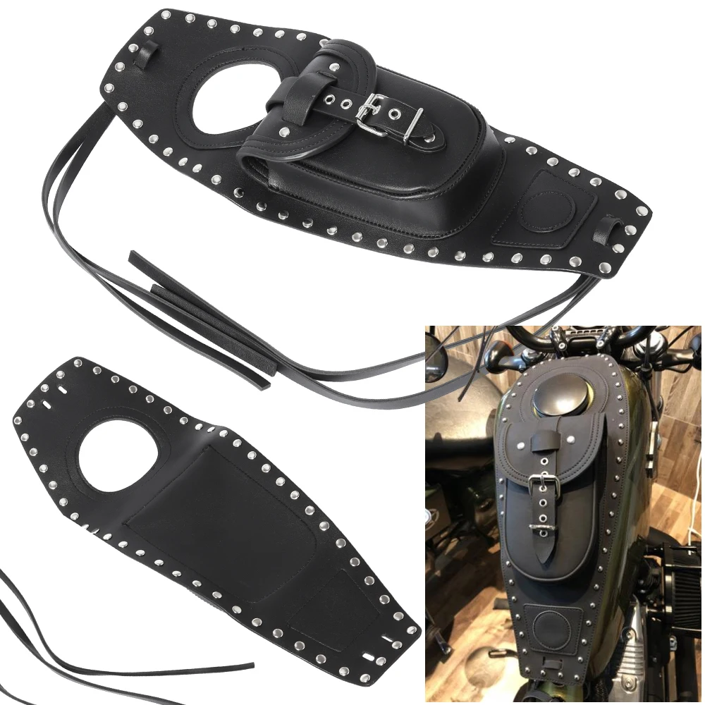 

Motorcycle Fuel Tank Cover Panel Pad Bib Bag Pouch For Harley Sportster 883 XL1200 PU Leather Black
