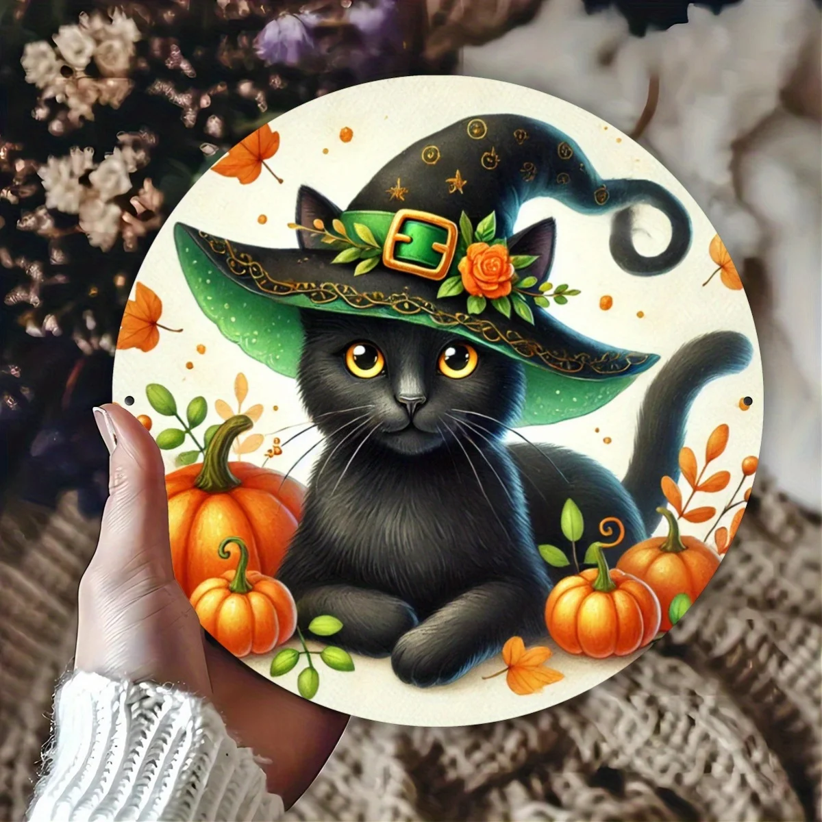 A round wooden sign: Halloween black cat and pumpkin, 2D high-resolution printing, suitable for bedroomzyc