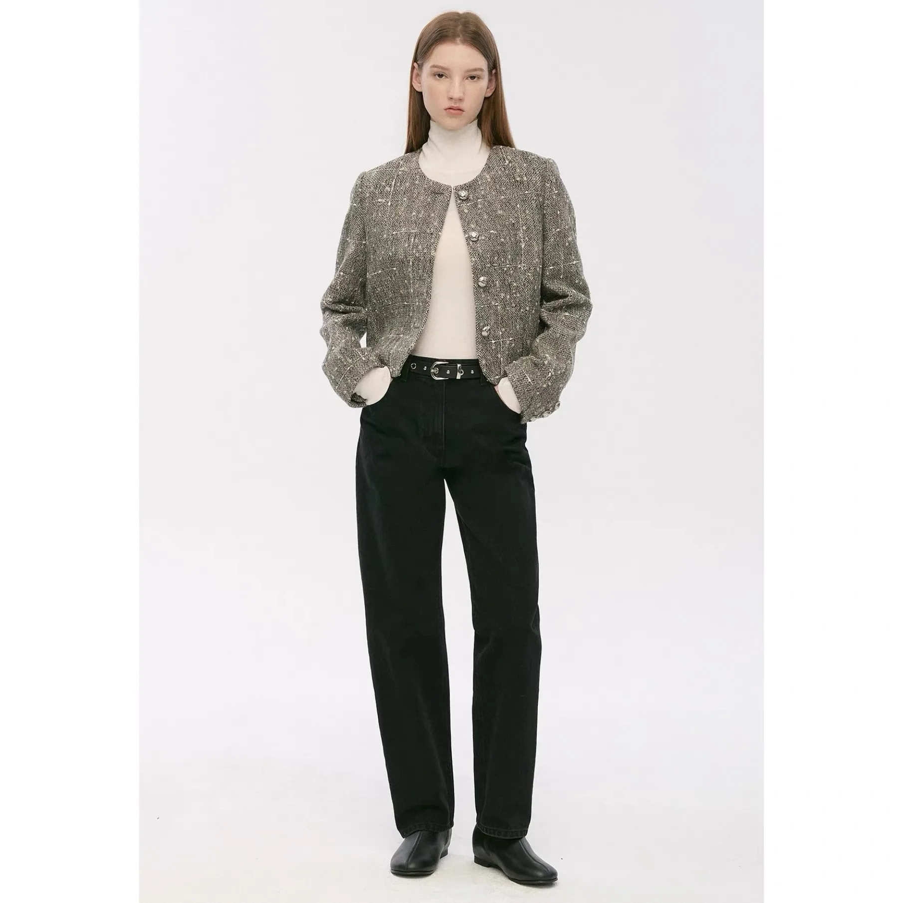 

High Quality TIM26 Spring Elegance Commute Versatile round Neck Thickened Woolen Short Coat Women's Business Casual Style
