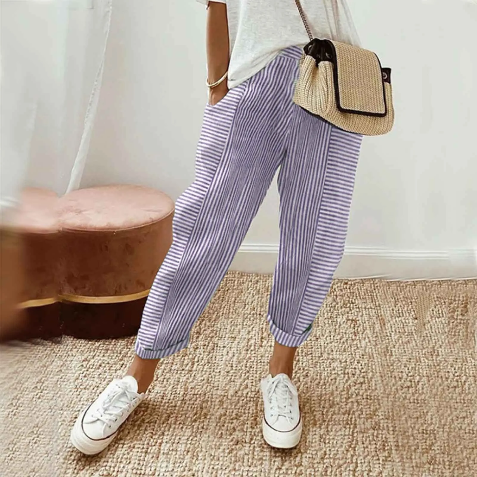 Pantalones de retazos a rayas para mujer, pantalón holgado, informal, de cintura alta, con bolsillo, para trabajo y negocios