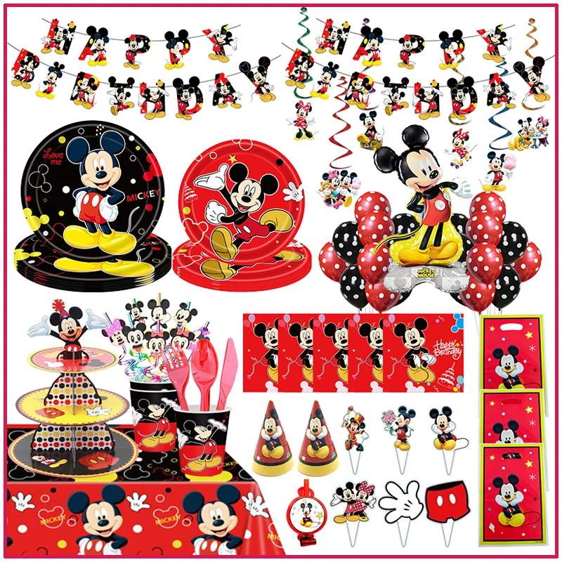 Disney Mickey Mouse Birthday Party Decoration Cute Mickey Paper Cup Napkin Plate Banner Balloons Supplies Baby Shower for Kids