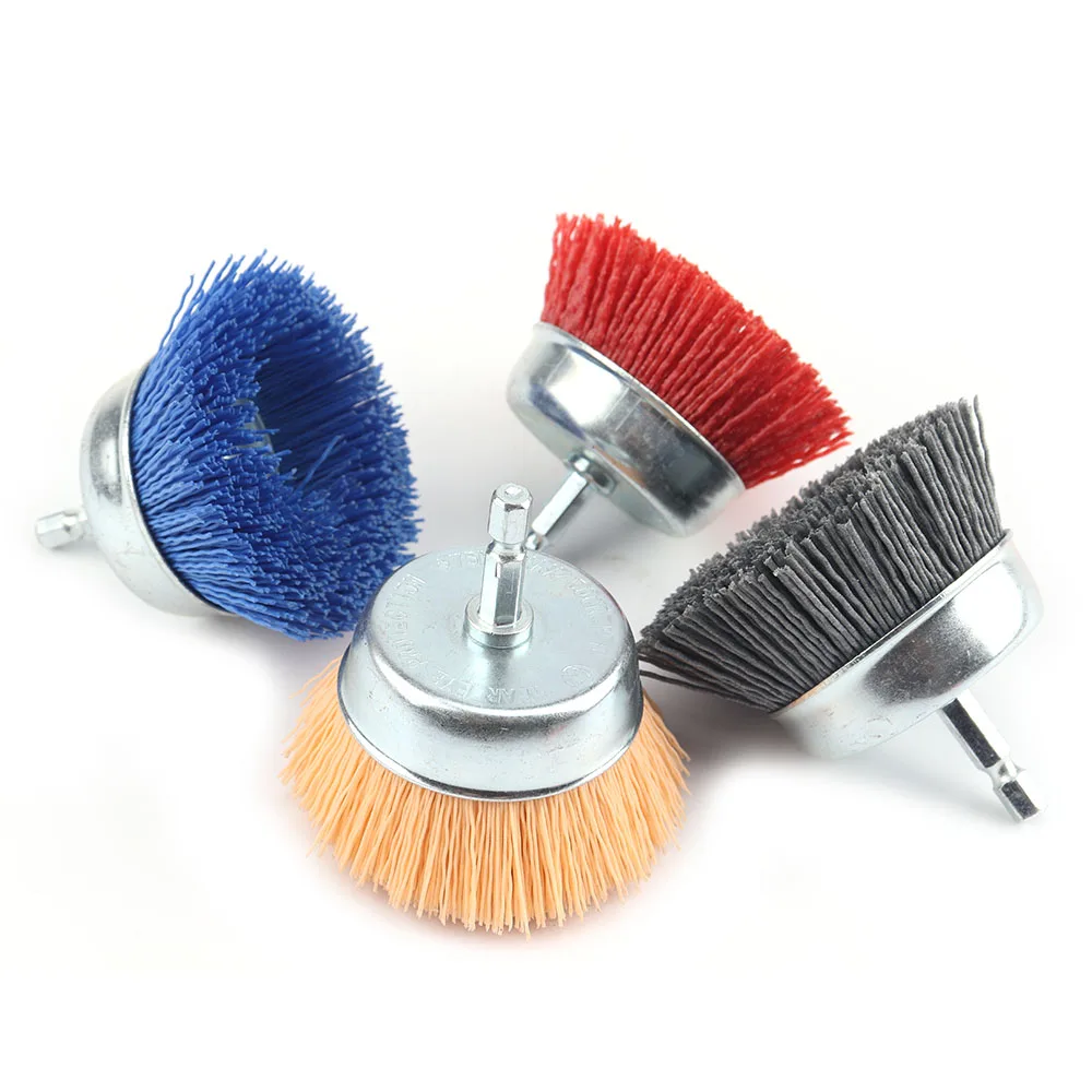 SIFANG 75mm Nylon Cup Brush Wood Polishing Wire Wheel Brush With Hexagonal Shank Abrasive Rust Removal Drill Rotary Tool Brush